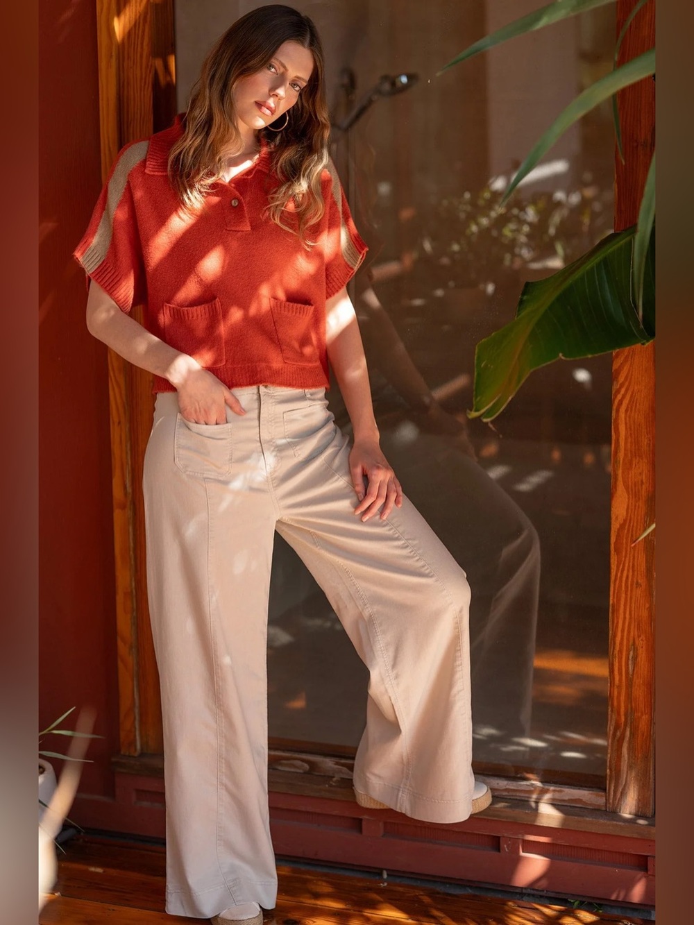 Rust Short-Sleeve Polo Pocket Sweater Top